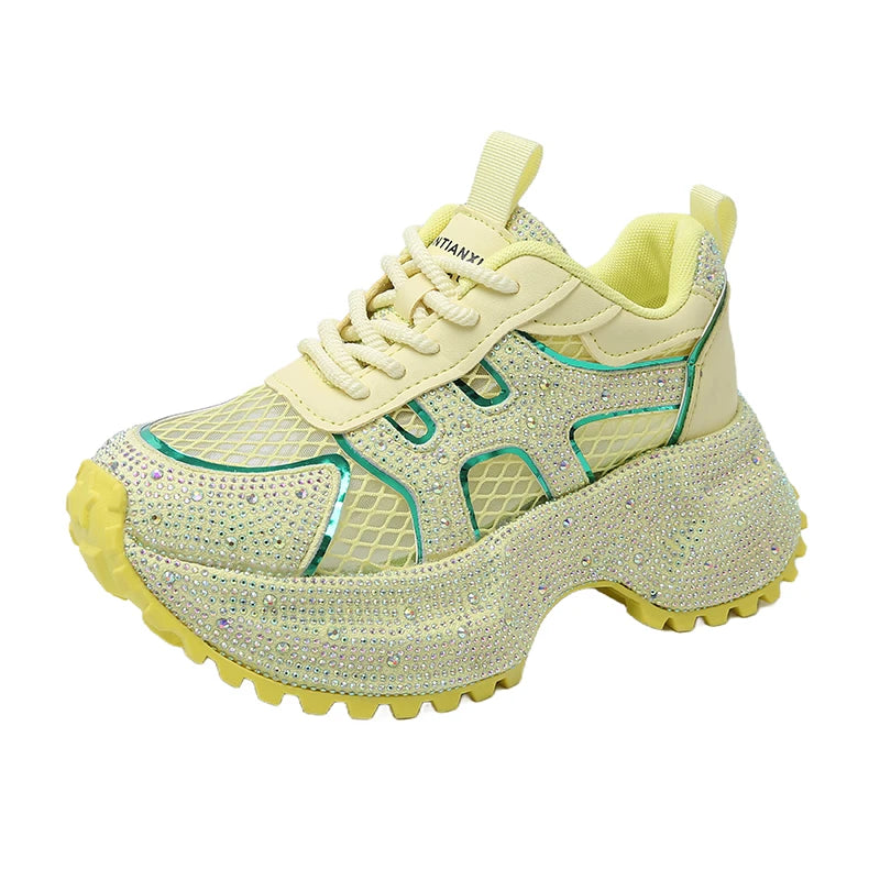 Luxury Designer Women's Shoes New Rhinestone Women's Sneakers Breathable Hollow Mesh Casual Platform Shoes Zapatos Mujer 7 cm sneakers_platform sneakers_luxury