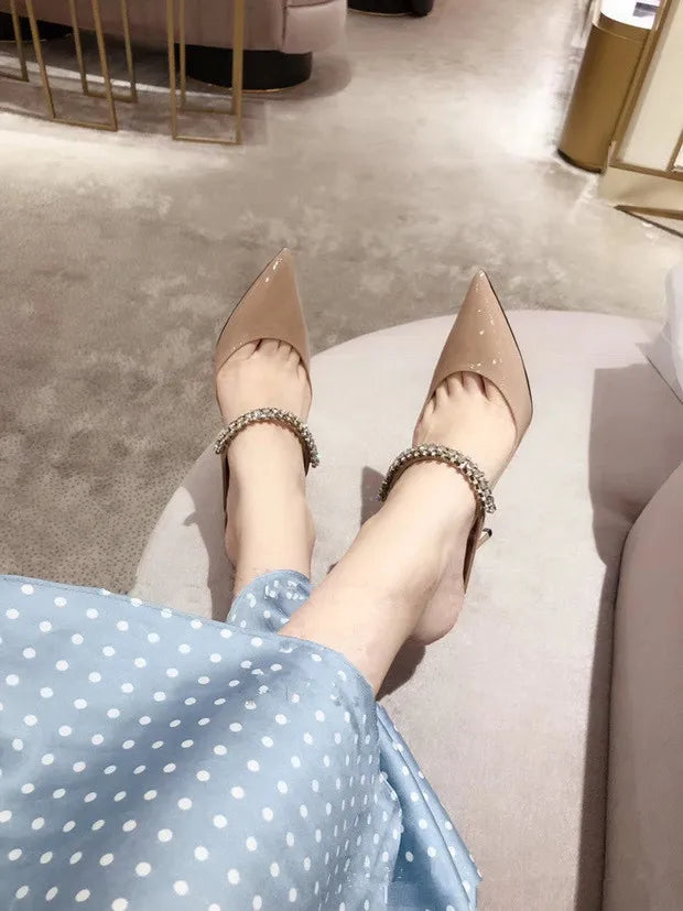 2025 Summer New High-heeled Stiletto Pointed Rhinestone Slippers Women's Outer Wear One-word with Baotou Half Drag Muller Shoes heels_bridal