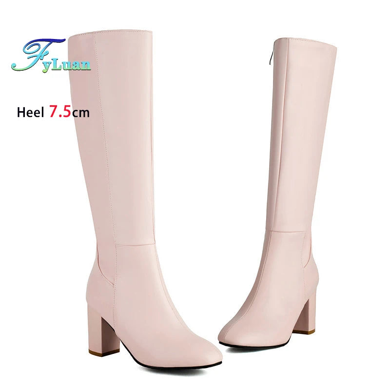 Plus Size 48 Square Toe Knee High Boots Women Side Zipper Winter Warm Long Shoes Comfort Thick Heel 7.5CM Black Leather boots_highheel