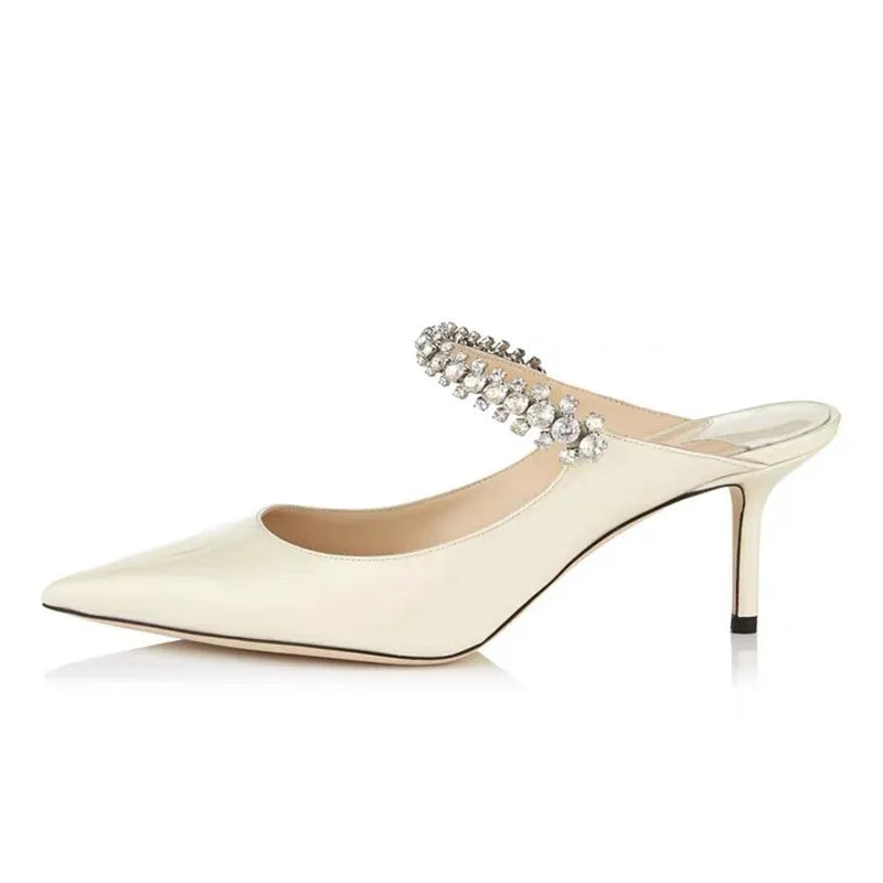 2025 Summer New High-heeled Stiletto Pointed Rhinestone Slippers Women's Outer Wear One-word with Baotou Half Drag Muller Shoes heels_bridal