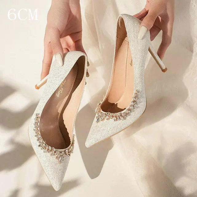 2025 New French Stiletto Heels Pointy Head Shallow Mouth Shoes Rhinodiamond-Edged Korean Version White Crystal Wedding Pumps heels_stiletto