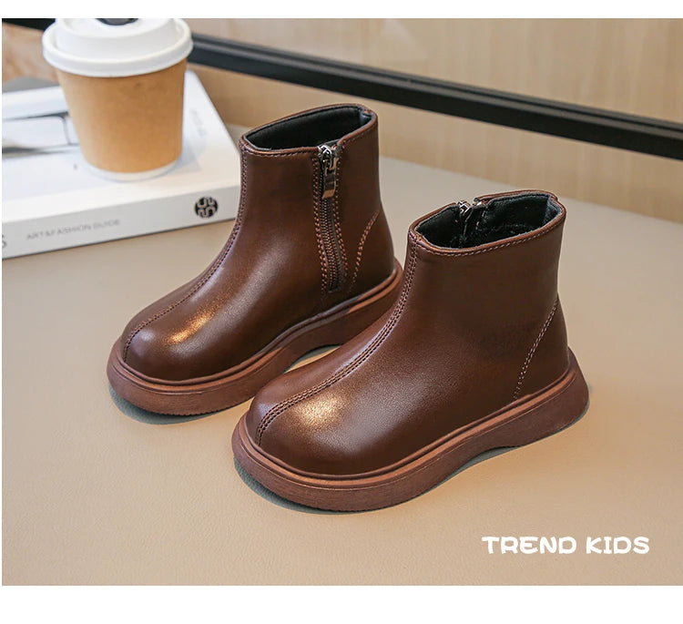 Children Fashion Boots Simple Girls Ankle Boot Black Kids Short Leather Boots Side Zipper Thick Bottom Autumn Winter 2024 New kids_shoes