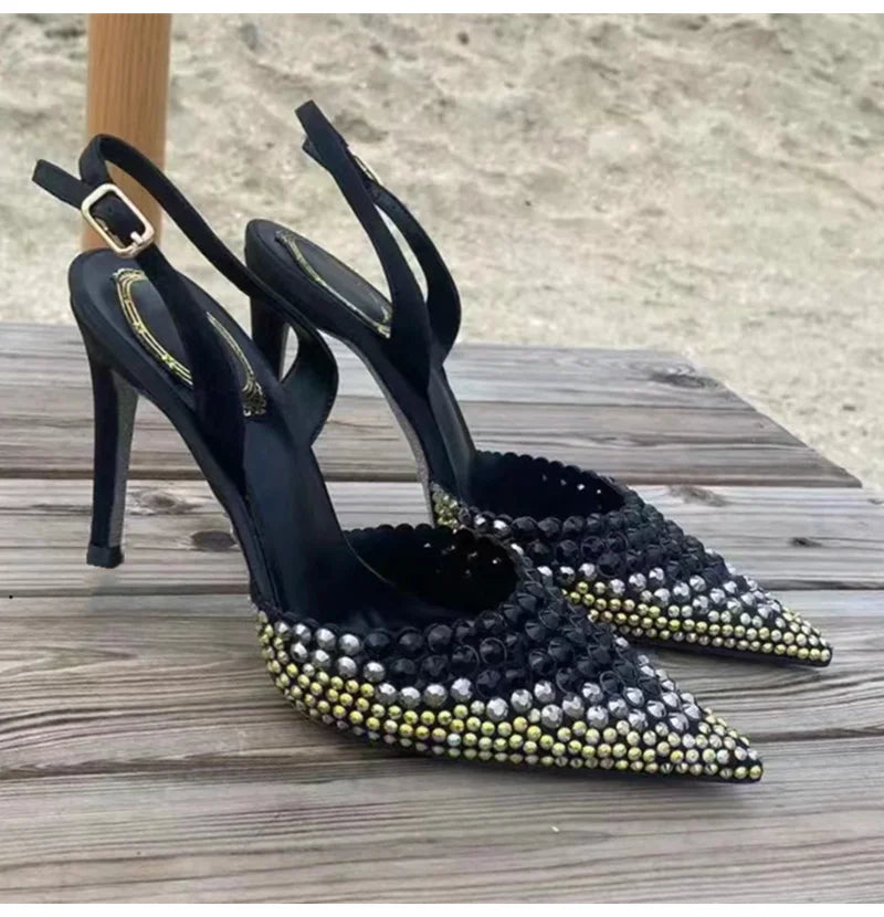 Star style Gradient Rhinestones Pointed toe Stiletto High heels Women Sandals Fashion Spring Summer Slingbacks Party Prom Shoes heels_stiletto