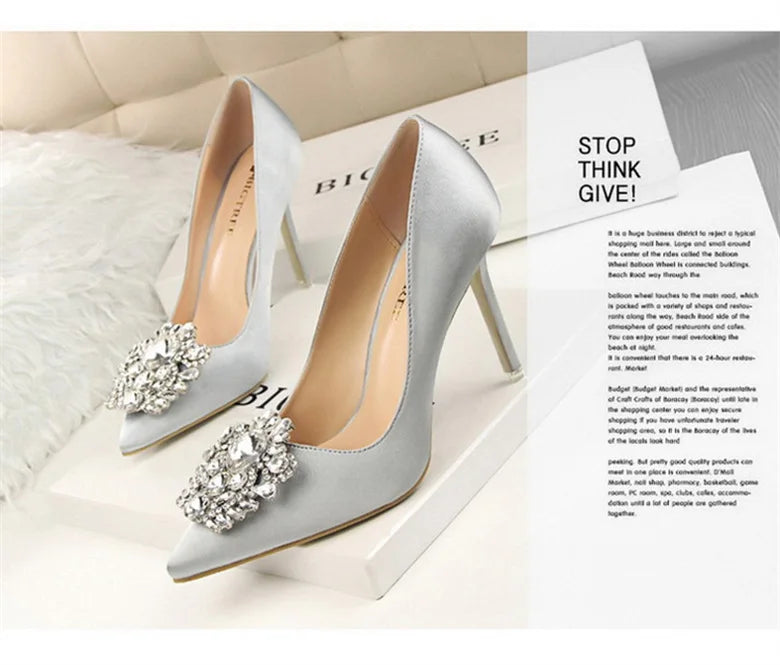CINESSD Silver Gray Black Women Bridal Wedding Shoes Faux Silk Satin Rhinestone Crystal Shallow Woman Pumps Stiletto High Heel heels_stiletto