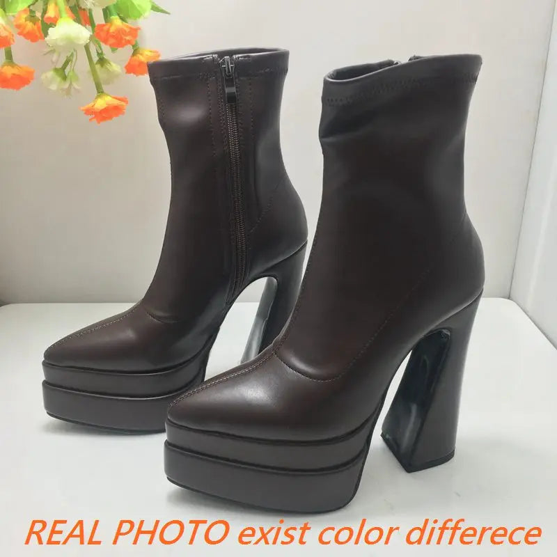 REAVE CAT Ladies Boots 15cm Shaft Stretchy Pointed Toe High Heel 6 inch Platform 5cm Big Size 46 Party boots_platform
