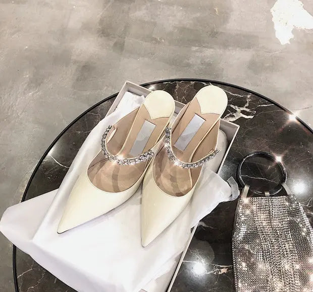 2025 Summer New High-heeled Stiletto Pointed Rhinestone Slippers Women's Outer Wear One-word with Baotou Half Drag Muller Shoes heels_bridal
