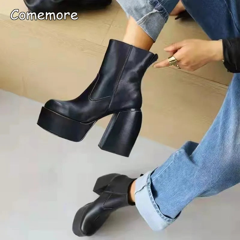 Comemore Women Punk Style Autumn Winter Chunky Platform High Boot Party Shoes Ladies Black Thick Heels Elastic Knee High Boots boots_platform