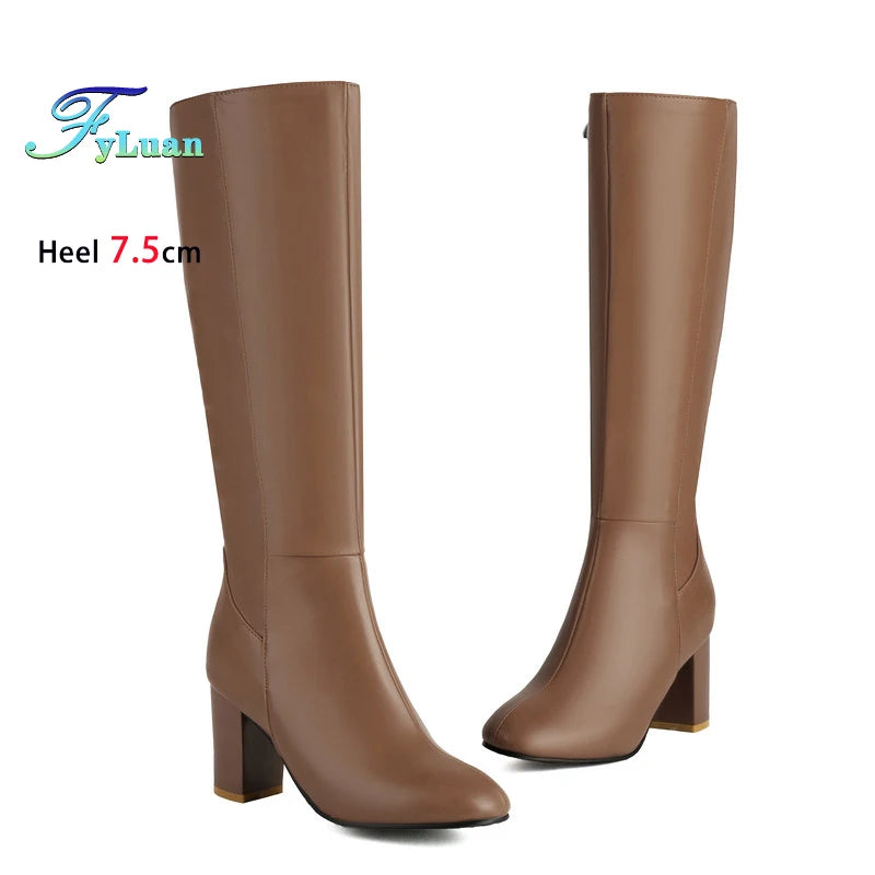 Plus Size 48 Square Toe Knee High Boots Women Side Zipper Winter Warm Long Shoes Comfort Thick Heel 7.5CM Black Leather boots_highheel