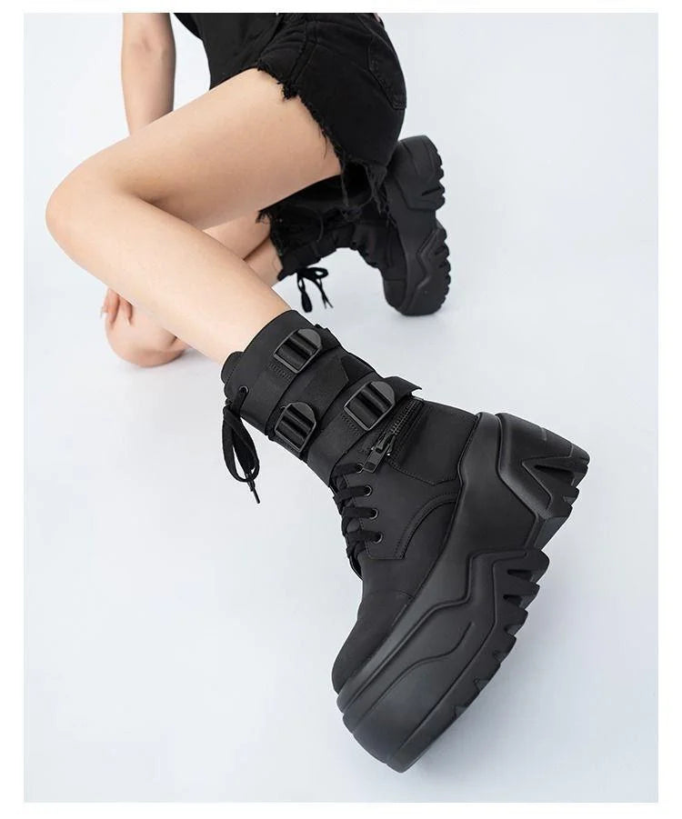 Women Ankle Booties Autumn Leather Chunky Shoes Woman High Platform Breathable Sneakers 9CM Thick Sole Wedges Motorcycles boots_platform