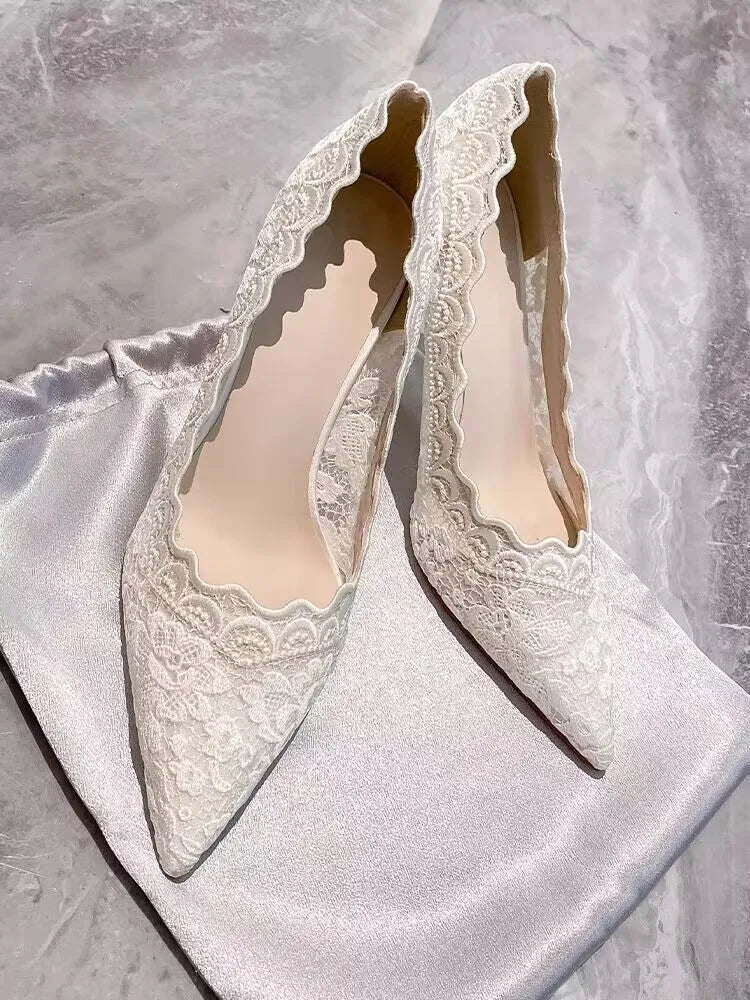 White Wedding Shoes Bridal Shoes Design Sense Niche Lace Pointed Stiletto Heel Shallow French High Heels Female Temperament heels_stiletto