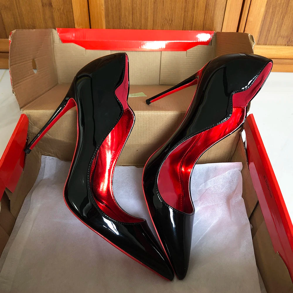 Newly 12cm Women Sexy Glossy Black Patent Pumps Shallow Stilettos Elegant Slip On High Heels Pointed Toe Party Woman Dress Shoes heels_stiletto